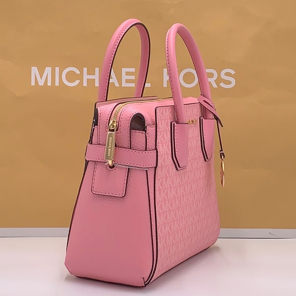 MICHAEL KORS Mercer Sm TZip Logo Leather Belted Satchel Crossbody Carnation - Picture 4 of 16